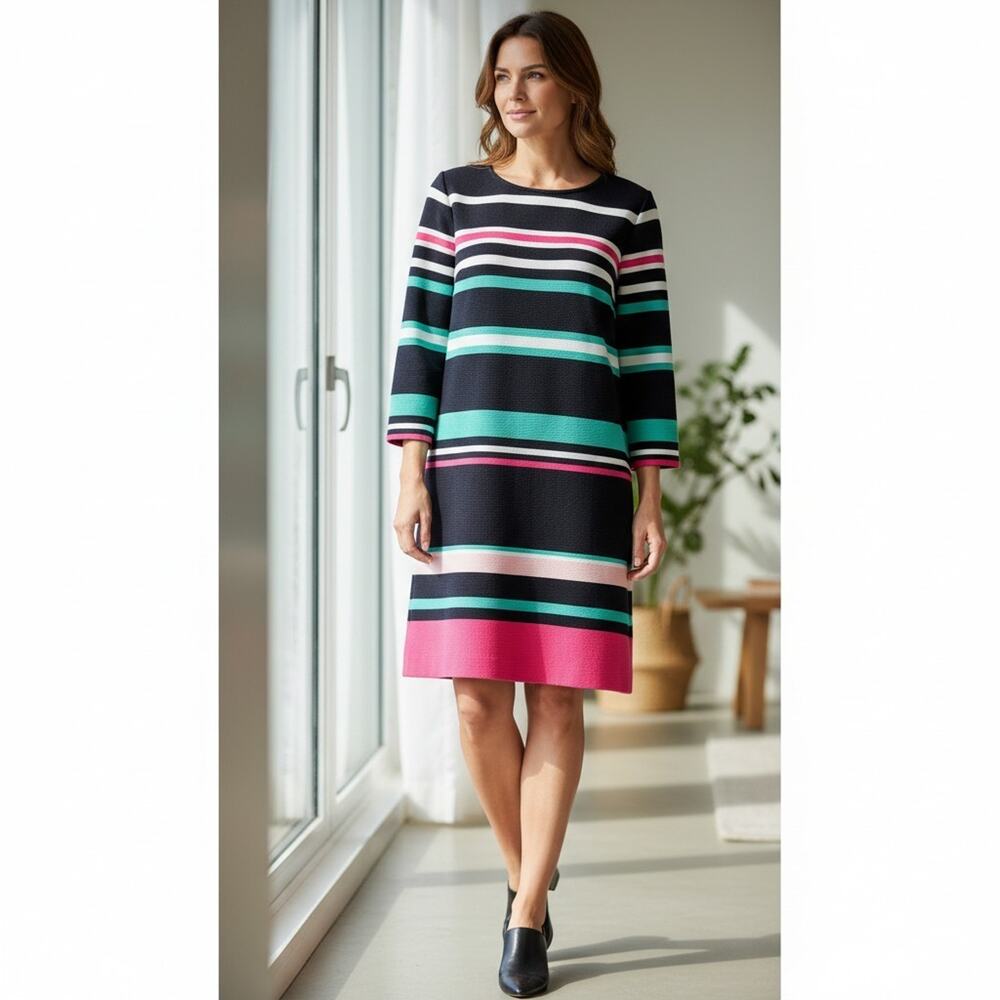 Crown & Ivy Shift Dress Striped Ribbed Navy White Mint Pink Small Coastal LARGE